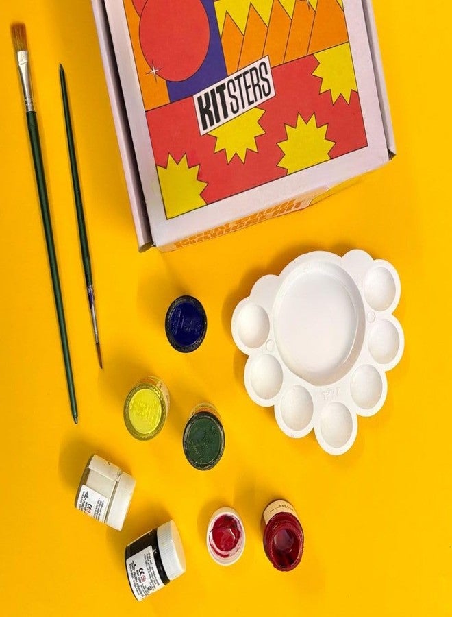 KITSTERS Acrylic Painting Kit | 6 colours x 10 ml, Round Brush, Flat Brush, Palette | Starter painting set for kids and adults | Non-Cracking Paint for Canvas, Wood, t-shirts, tote bags - Image 1